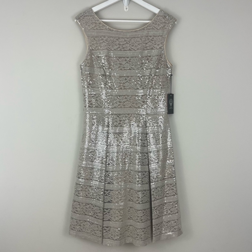 Vince Camuto Fit & Flare Sleeveless Sequin Lace Pleated Cocktail Dress